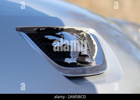 Logo Peugeot closeup d'une berline peugeot 207. Constructeur automobile français. Banque D'Images