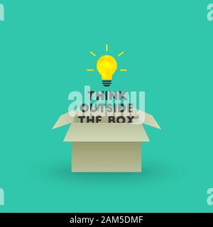 Penser en dehors de la boîte concept avec ampoule lumineuse et texte émergeant de boîte en carton Illustration de Vecteur