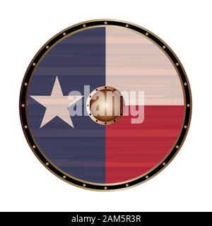 Un bouclier rond une représentation de l'état du Texas USA drapeau sur un fond blanc Illustration de Vecteur