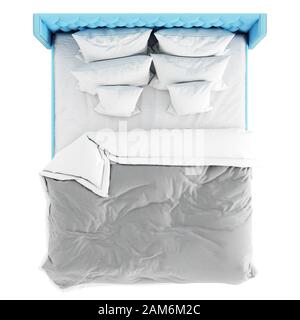 Grand lit double bleu avec couverture et six oreillers sur fond blanc. rendu tridimensionnel Banque D'Images
