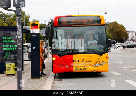 Copenhague, Danemark - 4 septembre 2019: Vue de face d'un bus de Copenhague à l'arrêt de bus Osterport station en service sur la ligne 1 A avec destination Banque D'Images