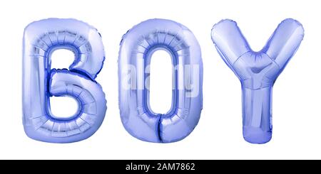 Mot GARÇON fait de bleu gonflable ballon lettres isolées dessus arrière-plan blanc Banque D'Images