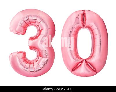 Numéro 30 trente ballons gonflables en or rose isolés sur fond blanc. Remise et vente ou concept d'anniversaire Banque D'Images