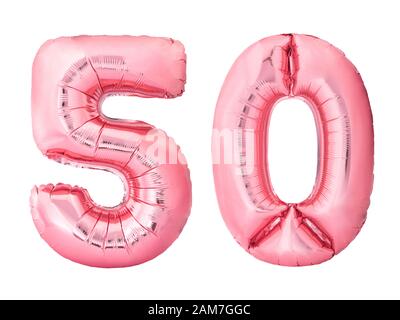 Numéro 50 cinquante de ballons gonflables en or rose isolés sur fond blanc. Remise et vente ou concept d'anniversaire Banque D'Images