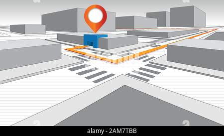 Détail d'un plan de la ville en 3 dimensions avec bloc gris bâtiments et une flèche de direction jaune qui finit dans un édifice bleu qui se tient dehors Illustration de Vecteur