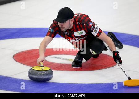 10 Jan 2020, London, Ontario Canada et la Western Fair Sports Complex. Après 8 nulles Team Europe conduit l'Équipe Canada 17,5 -6,5 dans la Coupe Continentale 2020. Équipe Canada John Epping, de Toronto (Ontario) fait partie de l'équipe de panne / Luc Durda/Alamy live news. Banque D'Images