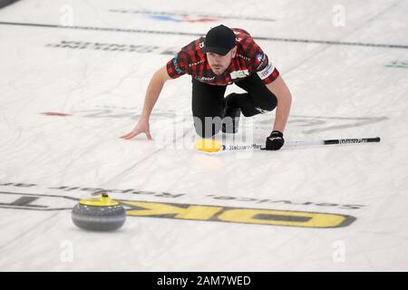 10 Jan 2020, London, Ontario Canada et la Western Fair Sports Complex. Après 8 nulles Team Europe conduit l'Équipe Canada 17,5 -6,5 dans la Coupe Continentale 2020. Équipe Canada John Epping, de Toronto (Ontario) fait partie de l'équipe de panne / Luc Durda/Alamy live news. Banque D'Images