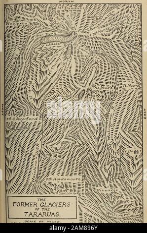 Transactions de la Société royale de Nouvelle-Zélande . Fig. 2.—La Vallée De Waioiine-Iti. Montrant la tête glaciée et la partie inférieure en V. Pinnacles sur la gauche. Le Visage de Waiohine-iti p. 308.] A.DKIN.—ancienne glaciation dans les plages de Tararua. 309. LES ANCIENS GLACIERS DU TARARUAS. 1 V* *sc/t-e. ou Ml UE-£&gt;&lt;. 3. SOtJTH 2 Svli.^^1?^^ Cr .f-.A. 310 Transactions. (2.) Cirques Glaciaires. De loin, le meilleur exemple d'un cirque glaciaire se trouve au bout de la partie en U de Park Valley. Ce cirque est près d'un demi-kilomètre et est délimité par des précipités muraux d'imposants appearanc Banque D'Images