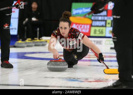 10 janvier 2020, London Ontario Canada et le complexe sportif Western Fair. Après 3 Jours et 9 Séances de curling, équipe Europe dirige 20,5 - 6,5 sur équipe Canada lors de la coupe continentale 2020. Équipe Canada Joanne Courtney d'Ottawa (Ontario) jouant pour l'équipe Homan Luke Durda/Alay Live news. Banque D'Images