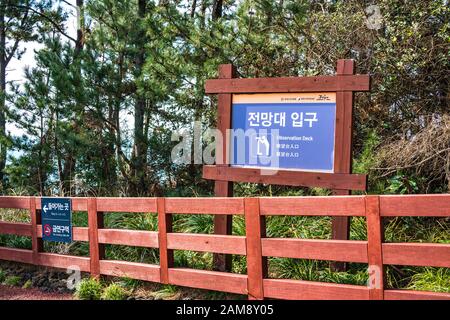 Jeju, Corée, 11 Mars 2019. Chemin jusqu'à la terrasse d'observation. Jusangjeolli sont des piliers en pierre qui se dressent le long de la côte et est un monu culturel désigné Banque D'Images