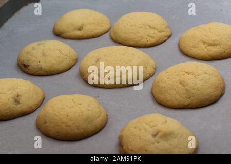 Des rangées de copeaux de chocolat maison fraîchement sauvegardés et des cuisiniers à pain court pour les vacances sur une feuille de biscuits chaude juste à l'extérieur du four. Banque D'Images
