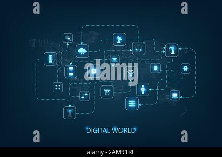 Concept de connexion à la technologie numérique avec icônes sur la carte du monde avec illustration vectorielle de motif de carte de circuit imprimé Illustration de Vecteur