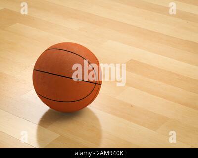 Ballon de basket-ball de rendu 3D sur plancher en bois Banque D'Images