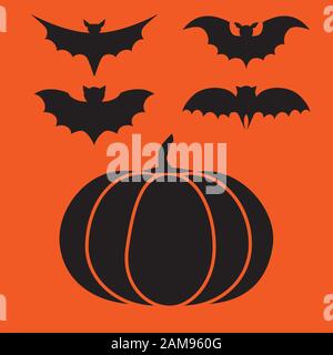 Drôle halloween vampire mystère vector silhouettes. Les chauves-souris spooky sombre monstres isolés du fond orange. Illustration de Vecteur