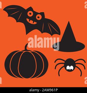 Drôle halloween vampire mystère vector silhouettes. Les chauves-souris spooky sombre monstres isolés du fond orange. Illustration de Vecteur