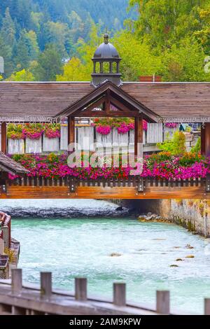 Chamonix Mont-Blanc, France, rivière Arve et pont décoré de fleurs violettes colorées Banque D'Images