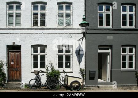 Les maisons en terrasses typiquement danoises avec leurs façades colorées. Bel exemple de design scandinave. Photo en noir et blanc. Banque D'Images