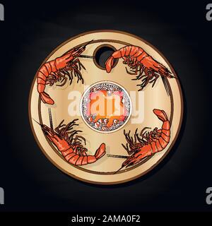 Verre de bière avec homards illustration vectorielle isolée sur la plaque. Fond noir. Illustration de Vecteur