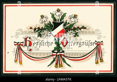 Europa, Deutschland, Niedersachsen, Hanovre, 1. Weltkrieg, Propaganda, patriotische Osterkarte mit dem texte : ' Herzliche Ostergrüße ' und ein Schild und Band mit schwarz-weiß-roten Farben , Postkarte wurde am 03. 04. 1915 verschickt / Europe, Allemagne, Basse-Saxe, Hanovre, WW I , propagande, carte postale patriotique de Pâques avec le texte : ' Les plus Chauds Eastergrees ' et les couleurs noir-blanc-rouge , carte postale envoyée 03. 04. 1915 . Banque D'Images