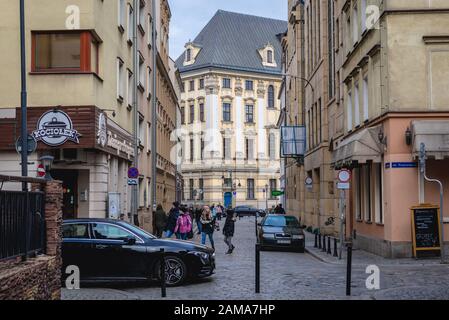 Bâtiment principal de l'Université de Wroclaw sur la vieille ville de Wroclaw dans la région de Silésie en Pologne, vue de la rue Wiezienna Banque D'Images