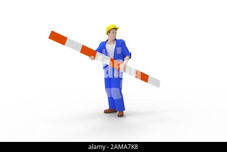 3 fois rendu d'un homme tenant une route barriere panneau d'avertissement isolé Banque D'Images