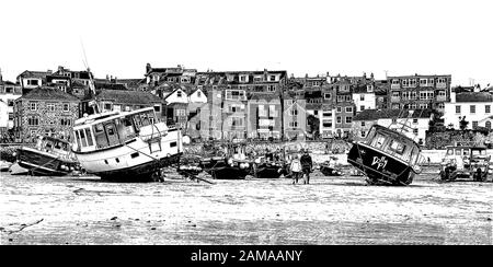 Photo illustration Marche à pied à travers les bateaux de repos dans la plage du port à St Ives, North Cornwall Banque D'Images