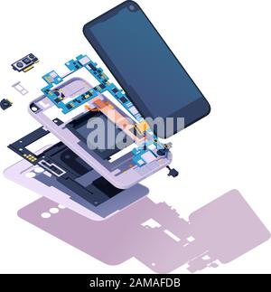 Smartphone vectoriel isométrique démonté Illustration de Vecteur