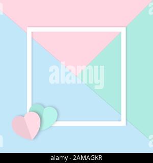Composition carrée minimale de feuilles de papier bleu pastel, rose, menthe avec coeurs sculptés et cadre blanc. Copie créative de la disposition de l'espace. Banque D'Images