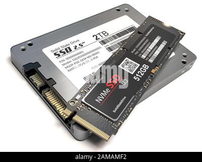 Différents types de disques SSD isolés sur fond blanc. SSD classique et SSD de 2 mètres carrés. illustration tridimensionnelle Banque D'Images