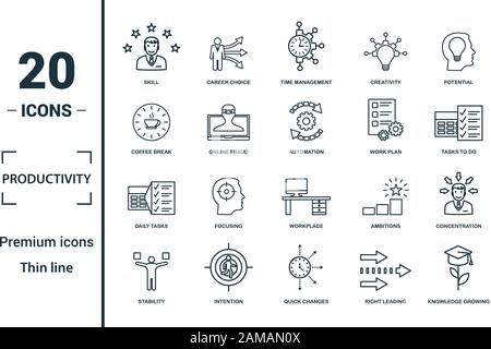 L'icône de la productivité. Inclure des éléments créatifs, de compétences de gestion du temps, la pause-café, de plan de travail, tâches quotidiennes d'icônes. Peut être utilisé pour rapport Illustration de Vecteur