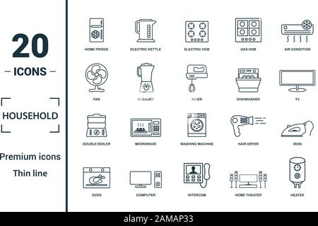 Ménage icon set. Inclure des éléments créatifs accueil d''un réfrigérateur, plaque électrique, ventilateur, lave-vaisselle, bain-marie d'icônes. Peut être utilisé pour rapport, présentation Illustration de Vecteur