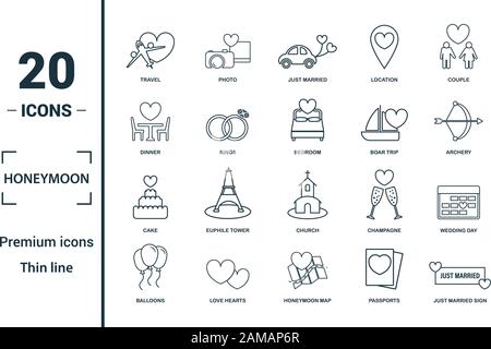 Icon Set de miel. Inclure des éléments créatifs, voyage, juste marié dîner, voyage de sanglier, gâteau d'icônes. Peut être utilisé pour rapport, présentation, dessin, web Illustration de Vecteur