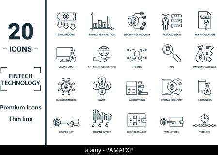 La technologie Fintech icon set. Inclure des éléments créatifs, revenu de base, la technologie bitcoin kyc, prêt en ligne, modèle d'icônes. Peut être utilisé pour Illustration de Vecteur