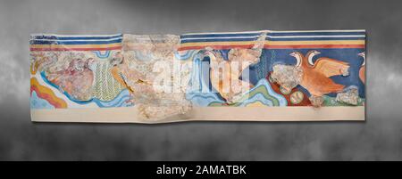 Le Minoan 'Partridge Fresco', l'art du mur du 'Guset House' Knossos Palace, 1600-140 av. J.-C. Musée Archéologique D'Héraklion. Arrière-Plan Gris. Ça Banque D'Images