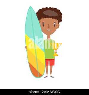 Jeune homme en short et t-shirt debout, tenant planche de surf et trophée sur fond blanc. Illustration de Vecteur