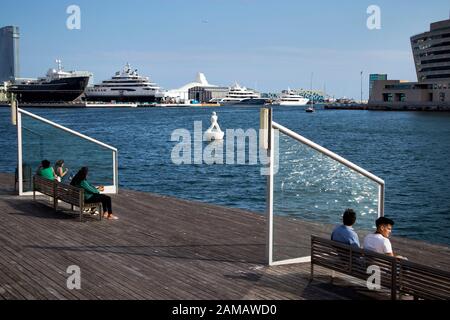 Barcelone, Espagne - 12 septembre 2019, les touristes se reposent entouré de mouettes dans le vieux port de la ville. Les Miraestels de Robert Llimos sont deux fl Banque D'Images