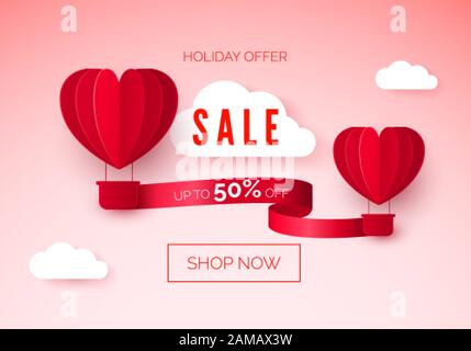 Ballons à air chaud avec ruban rouge et offre de réduction sur lui. Vente saisonnière de la Saint Valentin. Vector Illustration de Vecteur