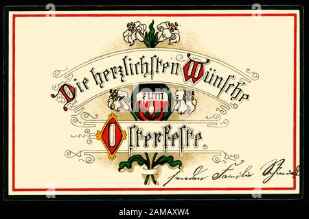 Europa, Deutschland, Hesse, Obersuhl, Ostern, 1. Weltkrieg, Propaganda, patriotische Osterkarte mit dem texte : ' Die herzlichsten Wünsche zum Osterfeste ', umrandet mit einem schwarz-weiß-roten Band, Postkarte wurde verschicht am 01. 04. 1915 , keine Informationen zum Künstler . / Europe, Allemagne, Hesse, Obersuhl, Pâques , WW I , propagande, carte patriotique de Pâques avec le texte : salutations Plus Chaudes à l'heure de Pâques ' , carte postale, envoyé 01. 04. 1915 , pas d'information sur l'artiste . Banque D'Images