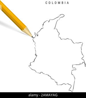 Carte des contours de l'esquisse colombienne isolée sur fond blanc. Carte vectorielle dessinée à la main vide de Colombie. Crayon 3 dimensions réaliste avec ombre douce. Illustration de Vecteur