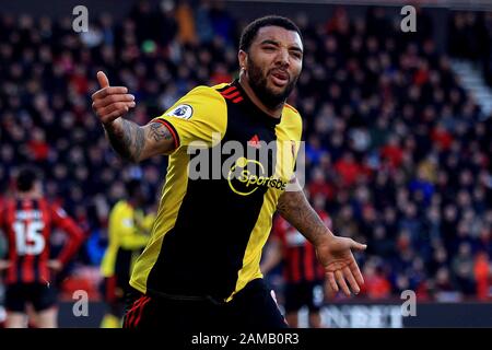 Bournemouth, Royaume-Uni. 12 janvier 2020. Troy Deeney de Watford célèbre après avoir marqué le deuxième but de son équipe. Match Premier League, AFC Bournemouth / Watford au stade vitalité de Bournemouth, Dorset, dimanche 12 janvier 2020. Cette image ne peut être utilisée qu'à des fins éditoriales. Utilisation éditoriale uniquement, licence requise pour une utilisation commerciale. Aucune utilisation dans les Paris, les jeux ou une seule édition de club/ligue/joueur. Pic par Steffan Bowen/ crédit: Andrew Orchard sports photographie/Alay Live News Banque D'Images