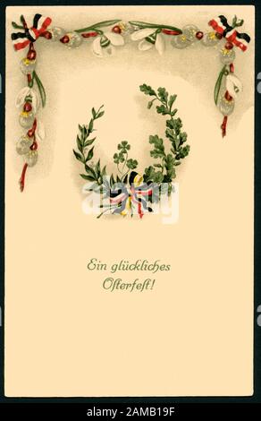 Europa, Deutschland, Schleswig-Holstein, Schleswig, Ostern, 1. Weltkrieg, Propaganda, patriotische Osterkarte mit dem texte : ' Ein glückliches Osterfest ! ' , einen Kranz mit Eichen - und Weidenkätzchen ? ' und schwarz-weiß-roten Bändern , Postkarte wurde am 22. 04. 1915 verschickt. / Europe, Allemagne, Schleswig-Holstein, Schleswig, Pâques, WW I , propagande, carte postale patriotique de Pâques avec le texte : ' UNE Joyeuse Pâques ' , une couronne de feuilles et de rubans noir-blanc-rouge, carte postale envoyée 22. 04. 1915 . Banque D'Images