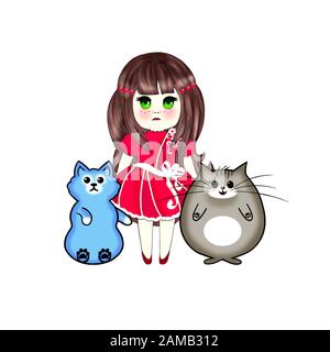 Kawaii Girl dans une robe rouge avec chats Kawaii bleus et gris. Isolé sur un fond blanc. Banque D'Images