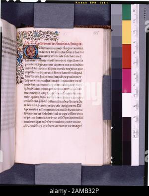 Quart de la frontière, 3 lignes bleu initiale sur le champ rouge et or, rubric, ouverture de de amicitia Figurant Dans de Ricci, Seymour, Recensement des manuscrits médiévaux et Renaissance aux États-Unis et au Canada. New York. N. Y. : H. W. Wilson, 1935; et Supplement, New York, N.Y.: Société bibliographique d'Amérique, 1962. Propriété : armes du premier propriétaire F. 1 (peut-être Minio de Venise ou Valmerana de Vicence). Timbre d'Antoine Moriau, Paris (CA. 1750). Collection Henry Allen; vente Samuel Allen (1920. Obtenu par Wilberforce Eames en 1926 auprès de W. M. Voynich. Légué par Eames, 1940. De Ricci, 2315. De Ric Banque D'Images