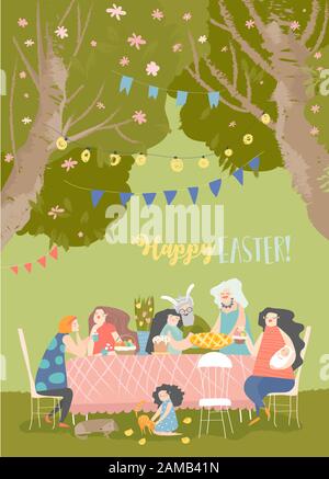 Dessin animé famille heureuse dîner de Pâques dans le jardin fleuri Illustration de Vecteur