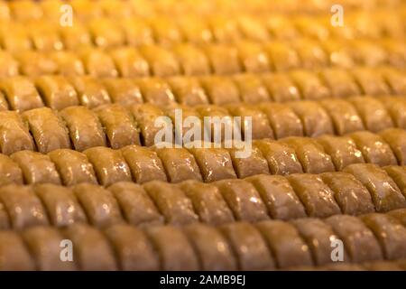 Baklava (dessert moderne de style arabe du Moyen-Orient) cuit au sucre et au sirop de miel, sucré et farci d'amandes, de noix, de chocolat ou de pistaches. Banque D'Images