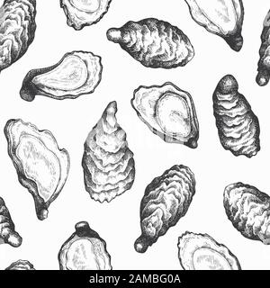 Huîtres sans couture. Illustration de fruits de mer vectoriels tracté à la main. Mollusques de style gravé. Arrière-plan de cuisine vintage Illustration de Vecteur