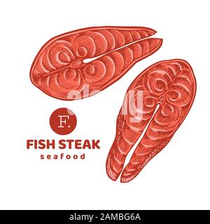 Illustrations colorées de steaks de poisson. Illustration de fruits de mer vectoriels tracté à la main. Style gravé. Cuisine rétro, morceau de saumon ou de truite Illustration de Vecteur