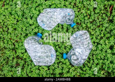 bouteille en plastique gaspillée dans l'arbre en forme de symbole de recyclage sur fond vert Banque D'Images
