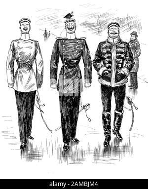 Magazine satirique allemand, trois officiers fiers piquant avec leurs uniformes élégants, la moustache cirée, l'épée et le monocle Banque D'Images