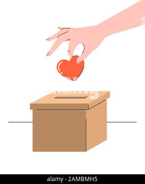 Concept de don. Femme place un symbole de coeur dans une boîte en carton. Illustration vectorielle plate. Soutien des bénévoles de bienfaisance. Bannière d'aide sociale. Illustration de Vecteur